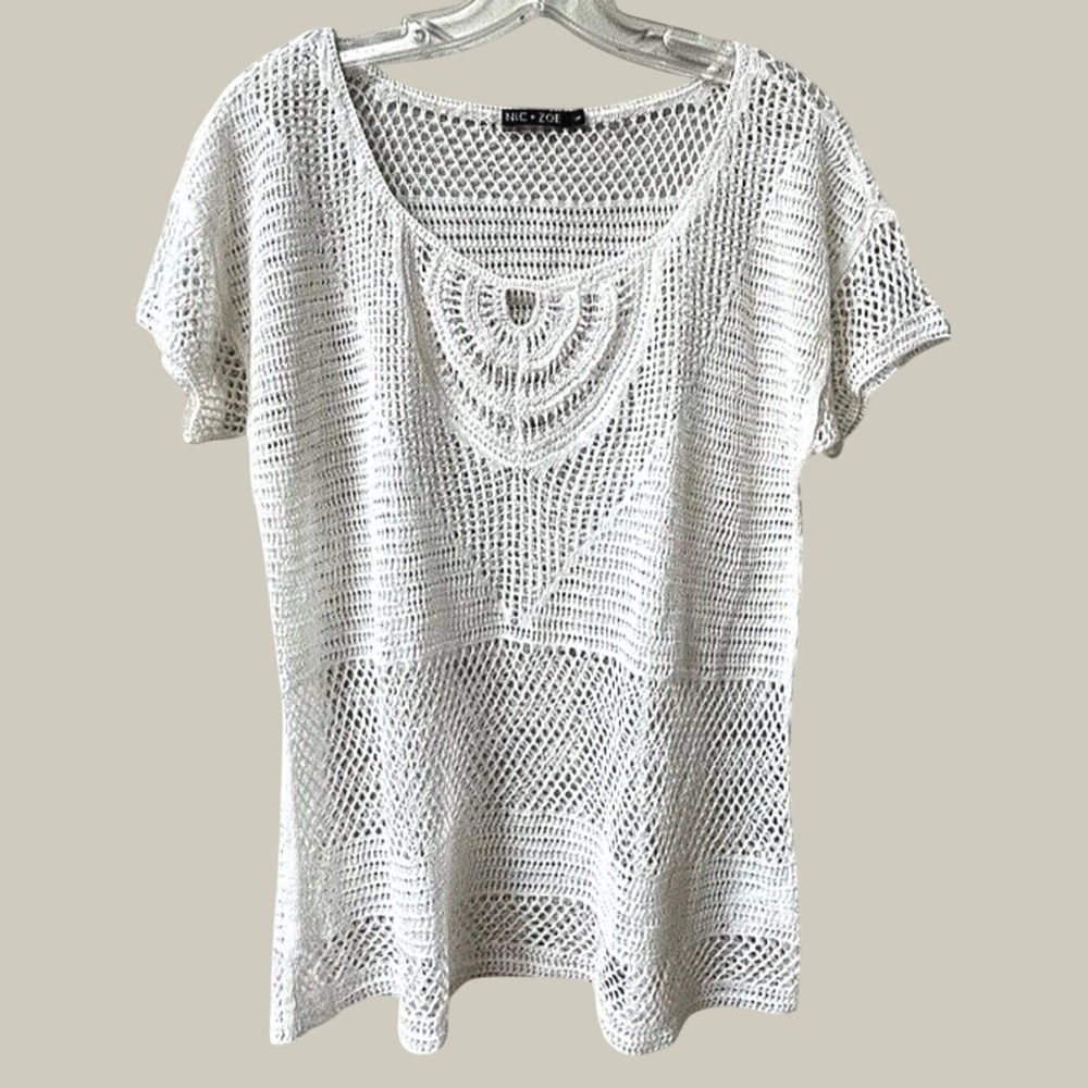 NIC+ZOE Linen Blend Crochet Open Knit Boho Tunic Top Womens Large Ivory